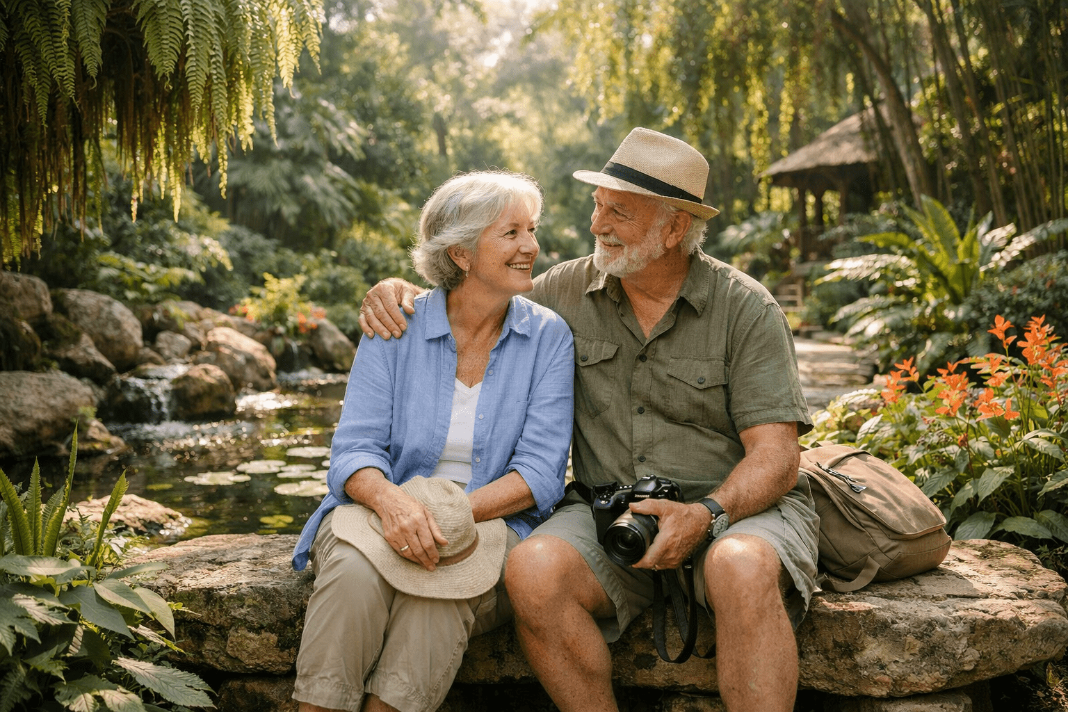 senior travellers relaxing in a botanical garden during vacation