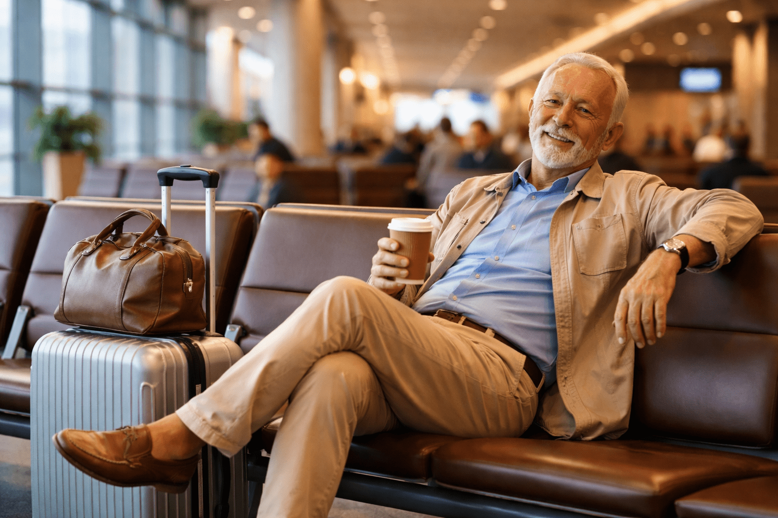 senior traveller resting comfortably during airport travel