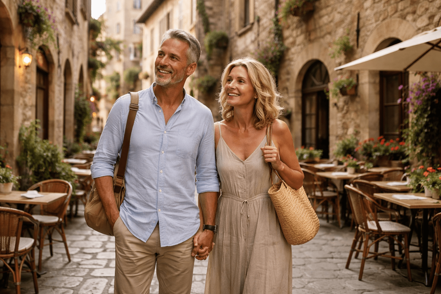 Mature couple exploring affordable European romantic destination