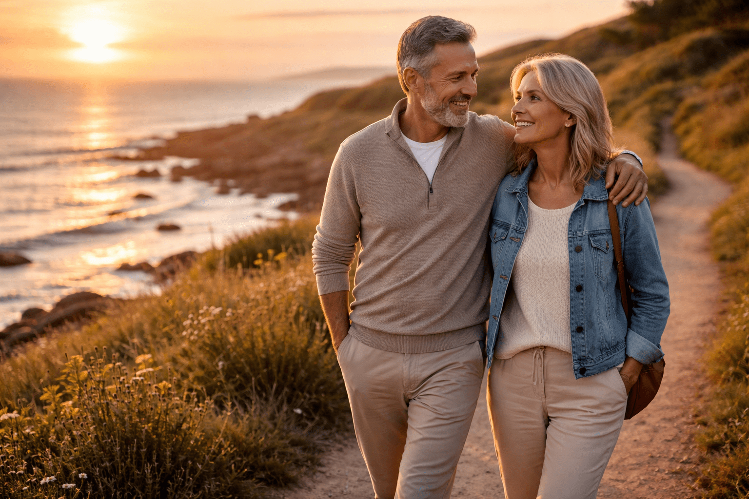 Mature couple enjoying affordable romantic coastal getaway at sunset