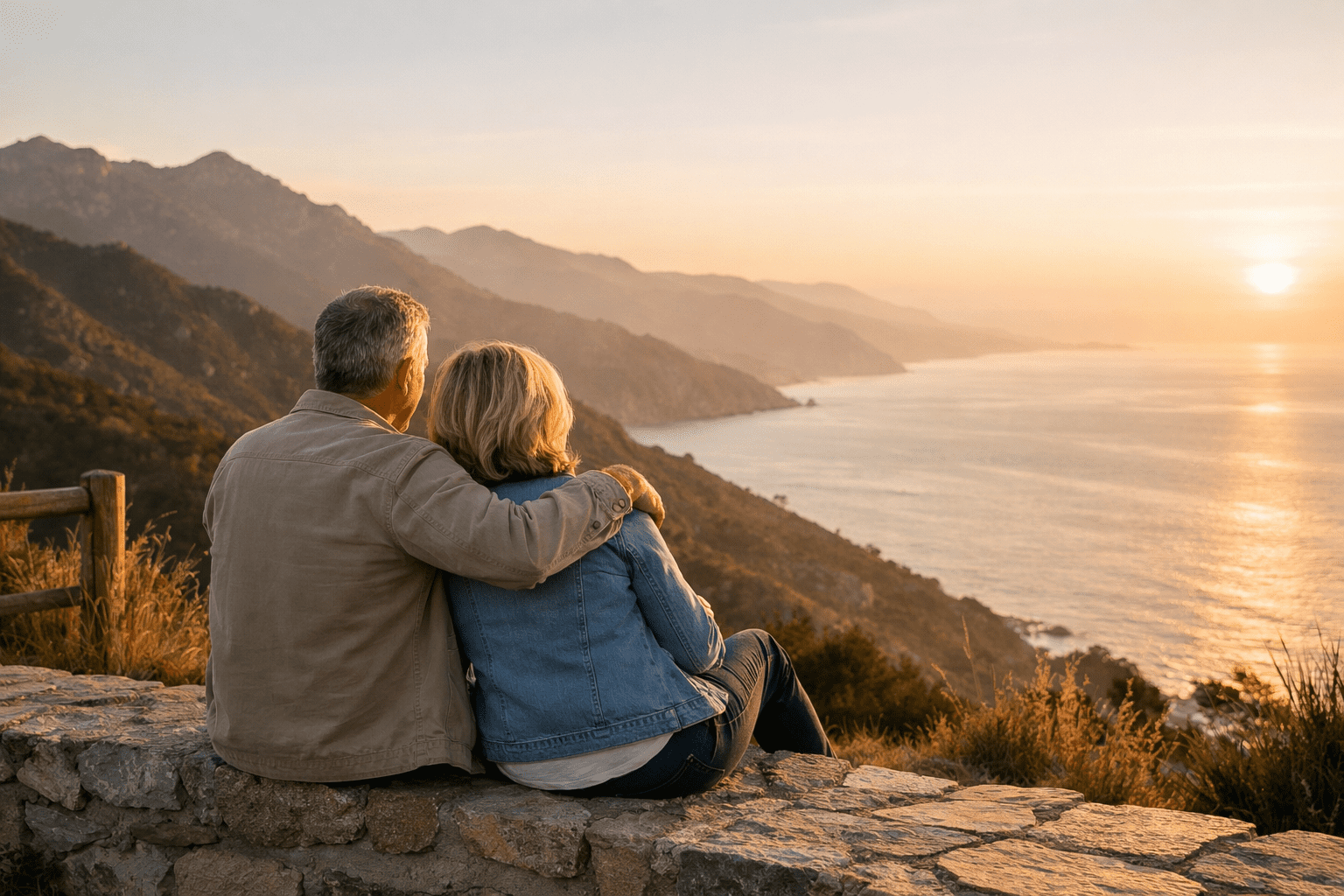 Mature couple enjoying peaceful scenic viewpoint on romantic trip