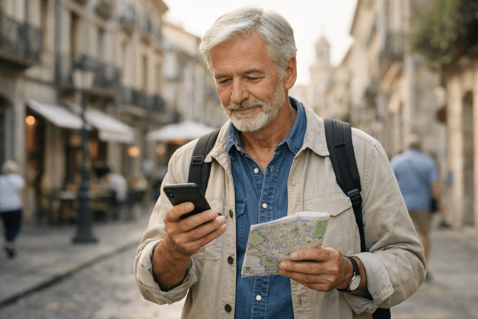 traveller using smartphone map calmly while exploring city