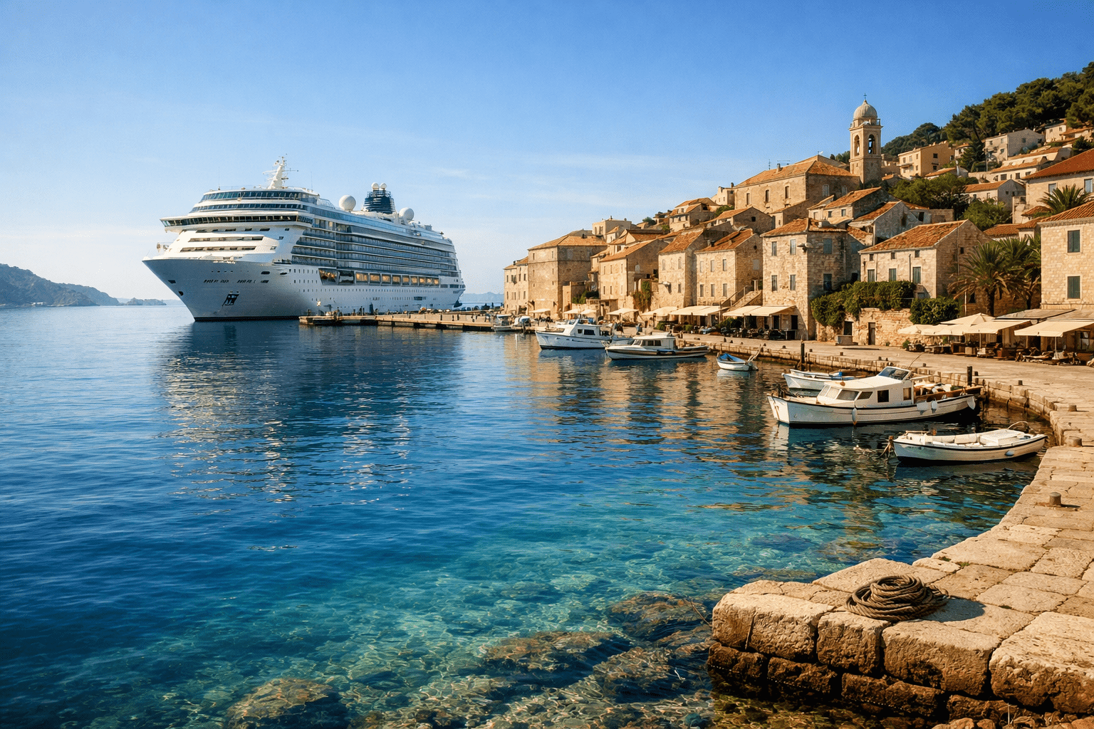 Cruise ship docked at port during embarkation day