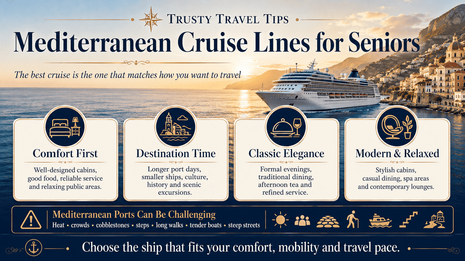 Mediterranean cruise lines for seniors infographic showing comfort, destination focus, classic elegance, modern cruising and mobility considerations 